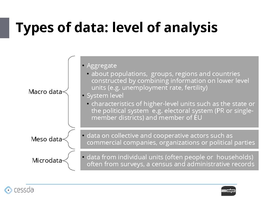 Types of data: level of analysis Macro data • Aggregate • about populations, groups, Types of data: level of analysis Macro data • Aggregate • about populations, groups,