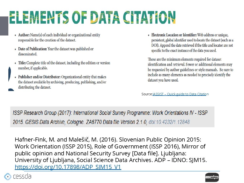 Source: IASSIST – Quick guide to Data Citation Hafner-Fink, M. and Malešič, M. (2016). Source: IASSIST – Quick guide to Data Citation Hafner-Fink, M. and Malešič, M. (2016).