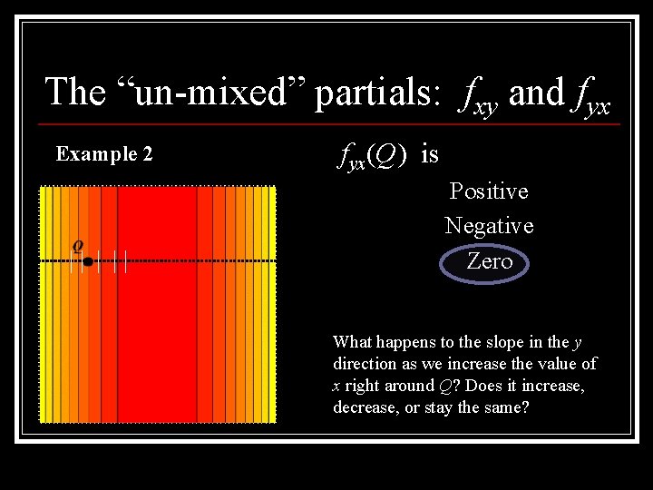 The “un-mixed” partials: fxy and fyx Example 2 fyx(Q) is Positive Negative Zero What