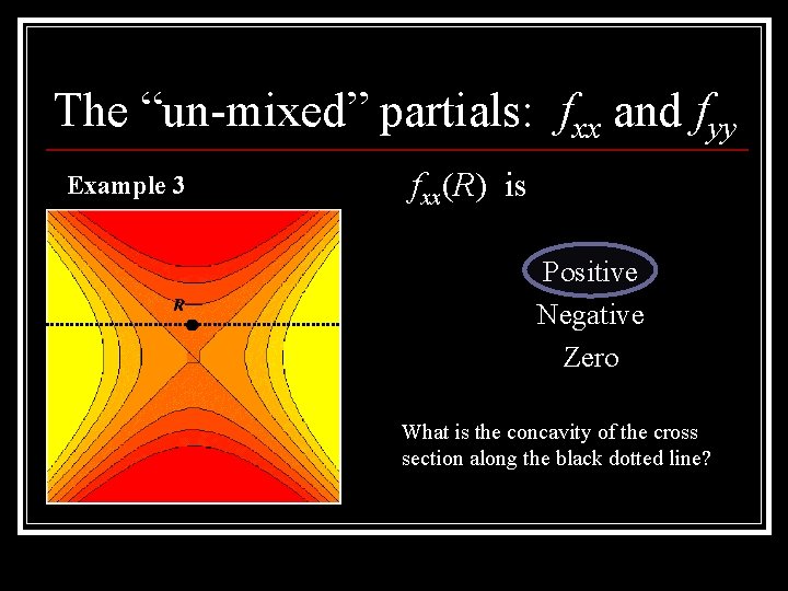 The “un-mixed” partials: fxx and fyy Example 3 fxx(R) is Positive Negative Zero What