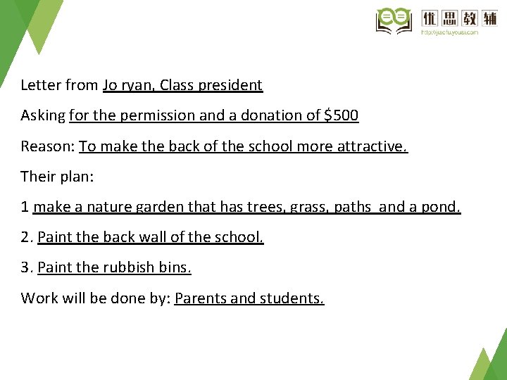 Letter from Jo ryan, Class president Asking for the permission and a donation of