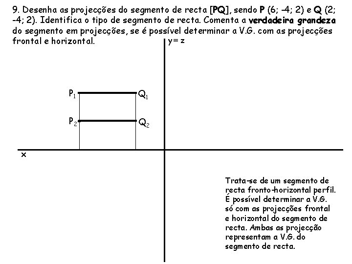 9. Desenha as projecções do segmento de recta [PQ], sendo P (6; -4; 2)
