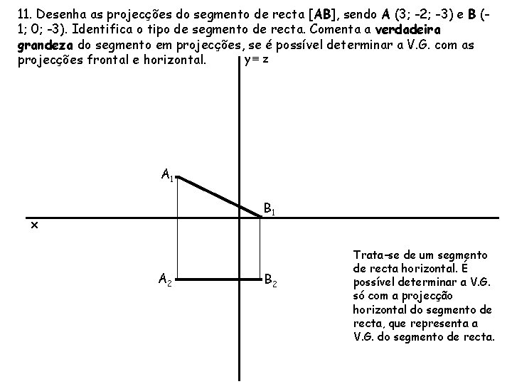 11. Desenha as projecções do segmento de recta [AB], sendo A (3; -2; -3)