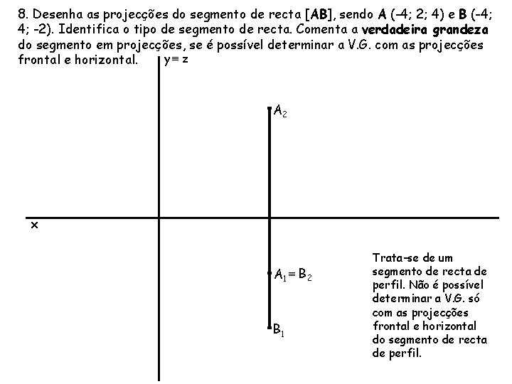 8. Desenha as projecções do segmento de recta [AB], sendo A (-4; 2; 4)