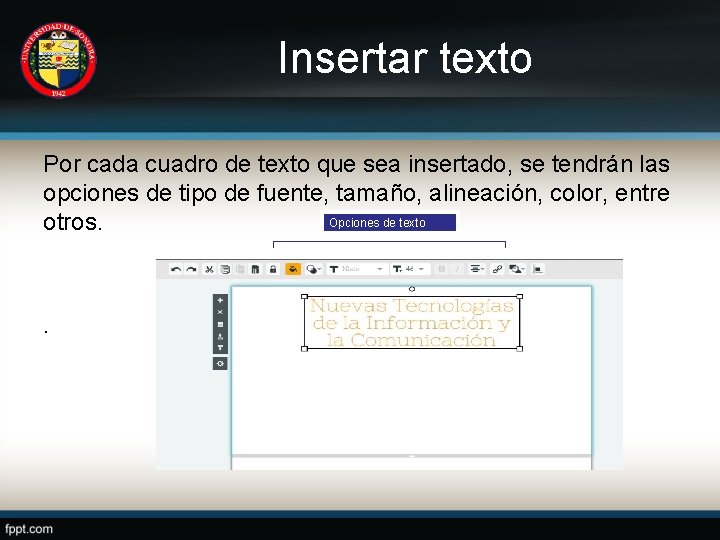 Insertar texto Por cada cuadro de texto que sea insertado, se tendrán las opciones