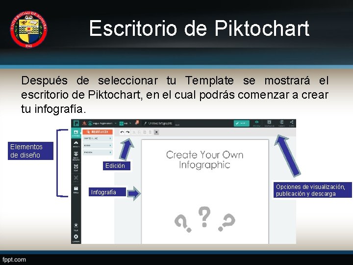 Escritorio de Piktochart Después de seleccionar tu Template se mostrará el escritorio de Piktochart,