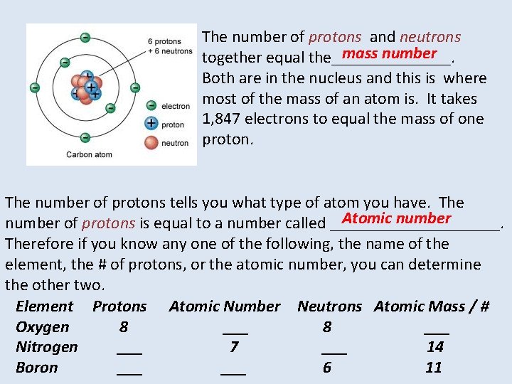 The number of protons and neutrons mass number together equal the_______. Both are in