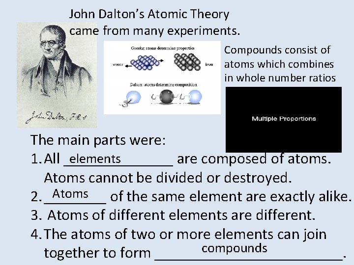 John Dalton’s Atomic Theory came from many experiments. Compounds consist of atoms which combines