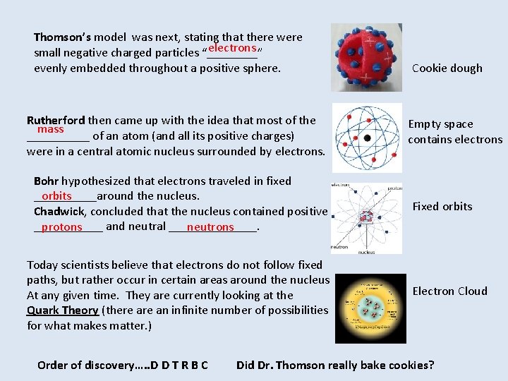 Thomson’s model was next, stating that there were electrons small negative charged particles “____”