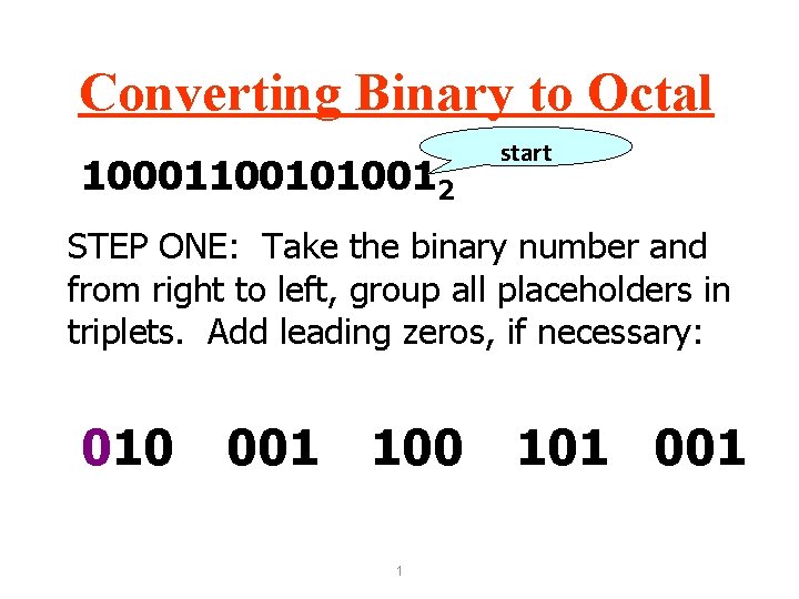 Converting Binary to Octal 100011001010012 start STEP ONE: Take the binary number and from