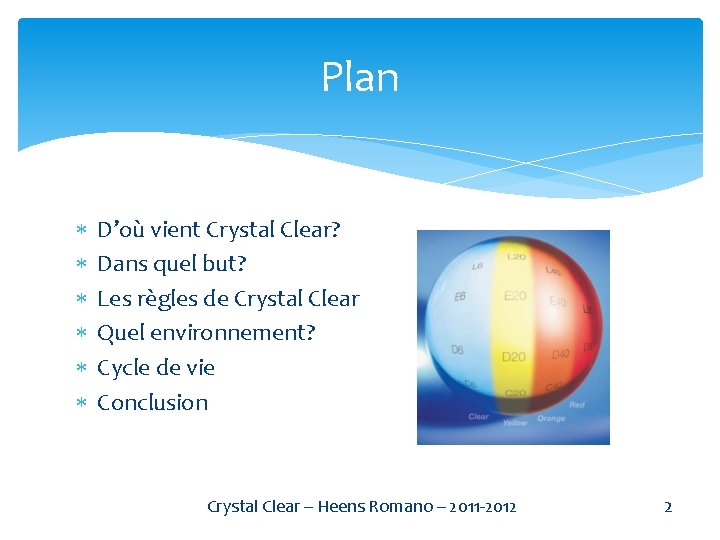 Plan D’où vient Crystal Clear? Dans quel but? Les règles de Crystal Clear Quel