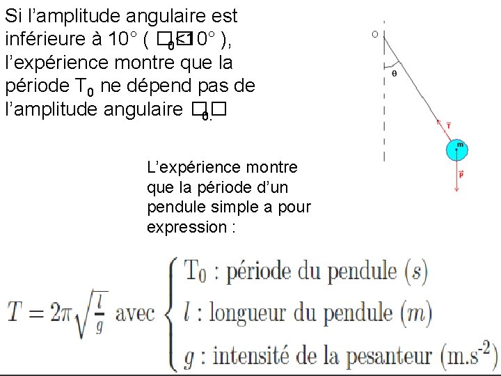 Si l’amplitude angulaire est inférieure à 10° ( �� 0<10° ), l’expérience montre que Si l’amplitude angulaire est inférieure à 10° ( �� 0<10° ), l’expérience montre que