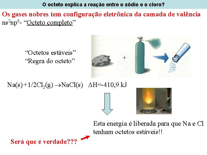 O octeto explica a reação entre o sódio e o cloro? Os gases nobres