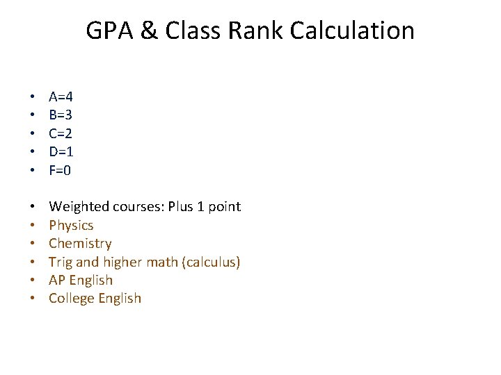 GPA & Class Rank Calculation • • • A=4 B=3 C=2 D=1 F=0 Weighted