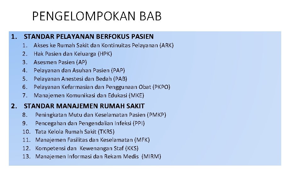 PENGELOMPOKAN BAB 1. STANDAR PELAYANAN BERFOKUS PASIEN 1. 2. 3. 4. 5. 6. 7.