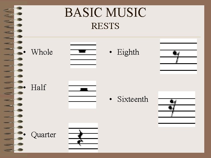 BASIC MUSIC RESTS • Whole • Eighth • Half • Sixteenth • Quarter 