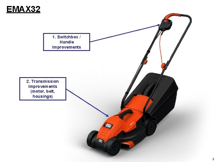 EMAX 32 1. Switchbox / Handle Improvements 2. Transmission Improvements (motor, belt, housings) 3