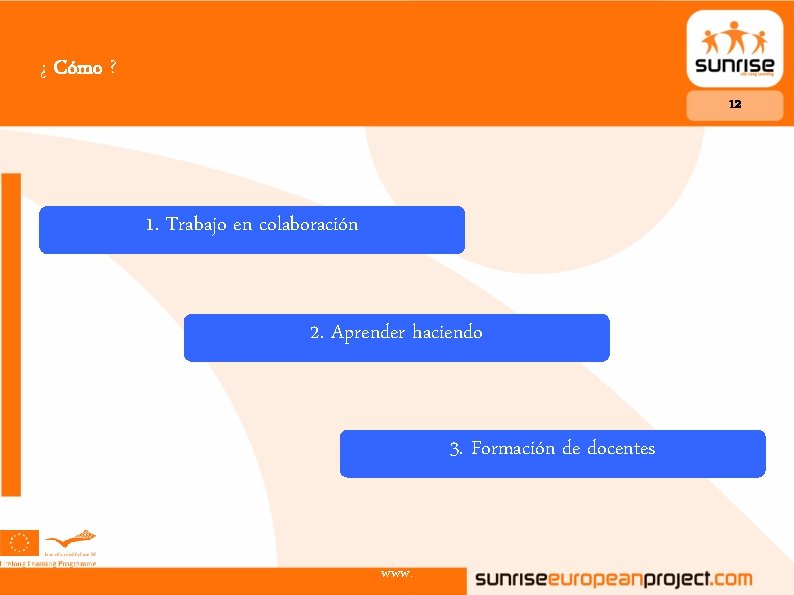 ¿ Cómo ? 12 1. Trabajo en colaboración 2. Aprender haciendo 3. Formación de