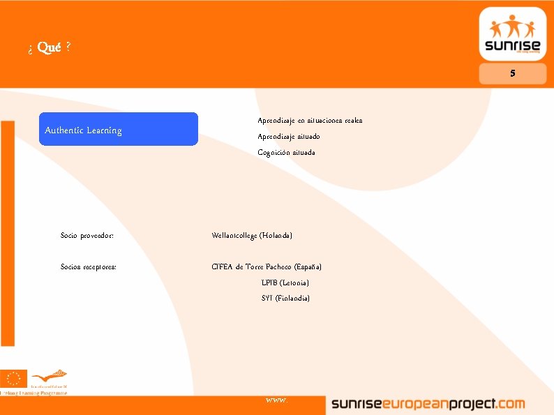 ¿ Qué ? 5 Authentic Learning Aprendizaje en situaciones reales Aprendizaje situado Cognición situada