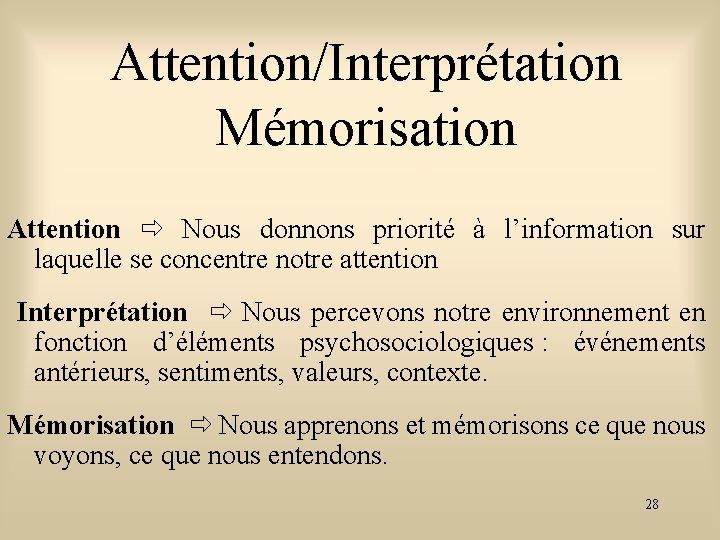 Attention/Interprétation Mémorisation Attention Nous donnons priorité à l’information sur laquelle se concentre notre attention