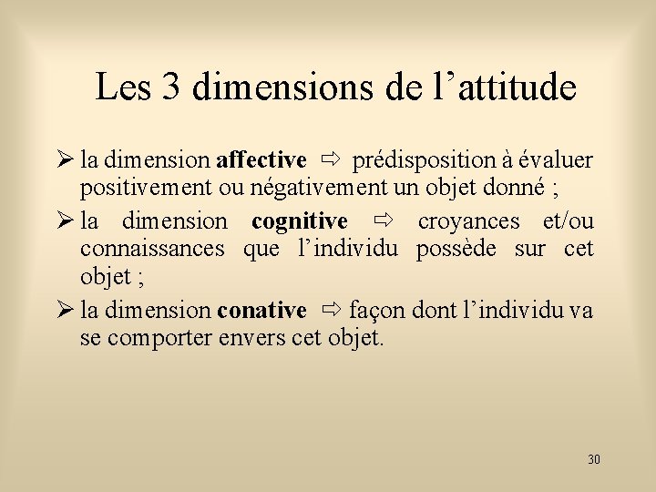 Les 3 dimensions de l’attitude la dimension affective prédisposition à évaluer positivement ou négativement