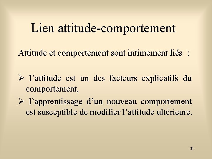 Lien attitude-comportement Attitude et comportement sont intimement liés : l’attitude est un des facteurs