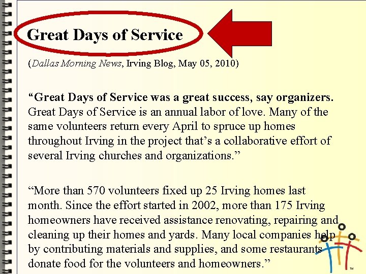 Great Days of Service (Dallas Morning News, Irving Blog, May 05, 2010) “Great Days