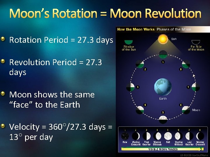 Moon’s Rotation = Moon Revolution Rotation Period = 27. 3 days Revolution Period =