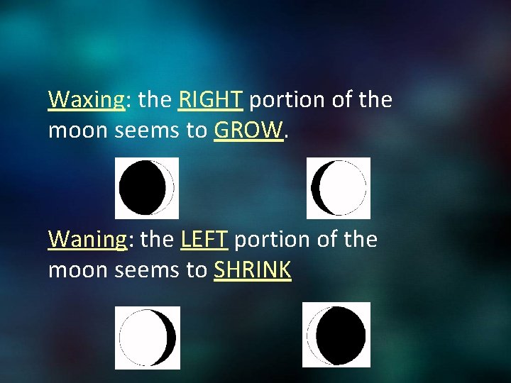 Waxing: the RIGHT portion of the moon seems to GROW. Waning: the LEFT portion