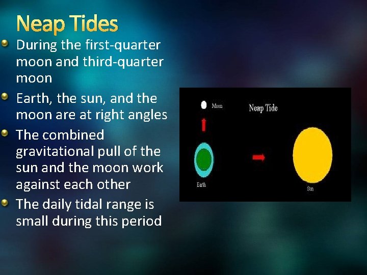 Neap Tides During the first-quarter moon and third-quarter moon Earth, the sun, and the