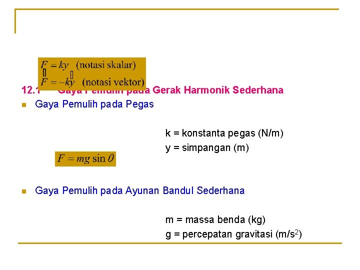 12. 1 Gaya Pemulih pada Gerak Harmonik Sederhana n Gaya Pemulih pada Pegas k