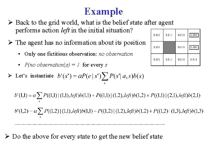 Example Back to the grid world, what is the belief state after agent performs
