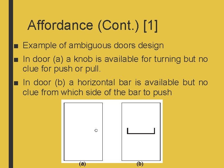 Affordance (Cont. ) [1] ■ Example of ambiguous doors design ■ In door (a)