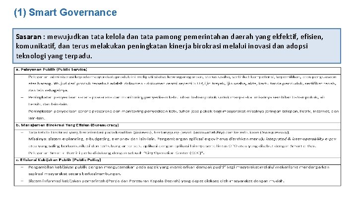 (1) Smart Governance Sasaran : mewujudkan tata kelola dan tata pamong pemerintahan daerah yang