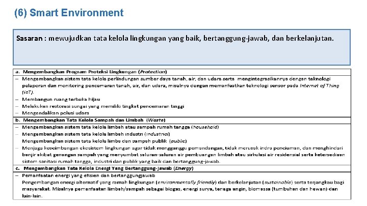 (6) Smart Environment Sasaran : mewujudkan tata kelola lingkungan yang baik, bertanggung-jawab, dan berkelanjutan.