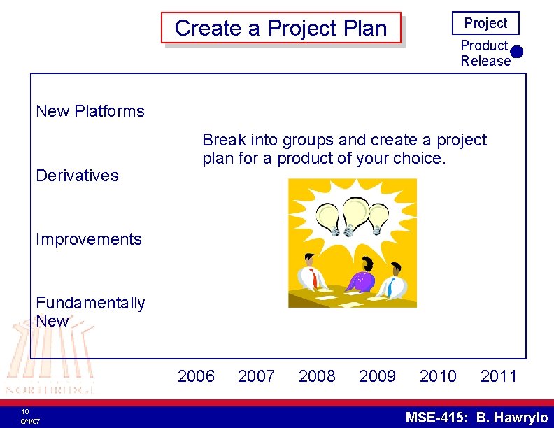 Project Create a Project Plan Product Release New Platforms Derivatives Break into groups and