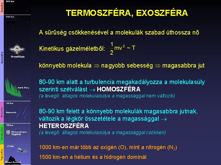 TERMOSZFÉRA, EXOSZFÉRA A sűrűség csökkenésével a molekulák szabad úthossza nő Kinetikus gázelméletből: könnyebb molekula