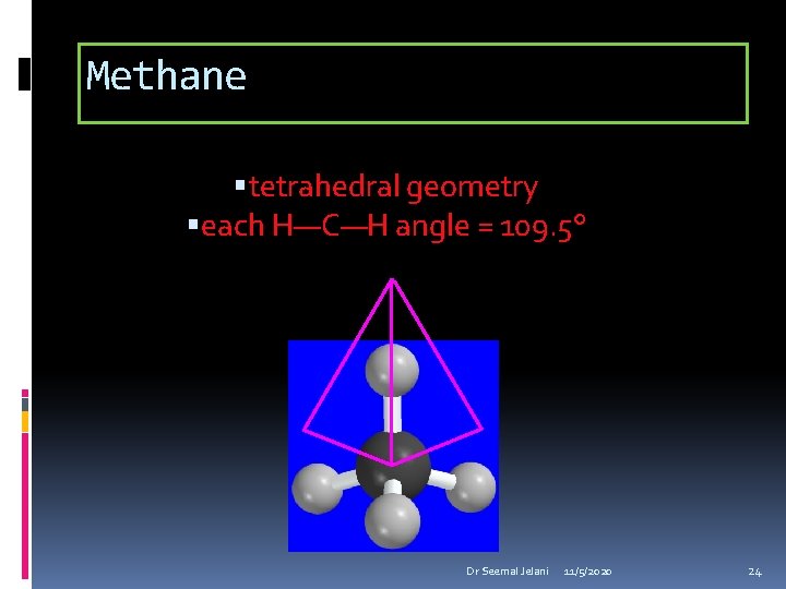 Methane tetrahedral geometry each H—C—H angle = 109. 5° Dr Seemal Jelani 11/5/2020 24