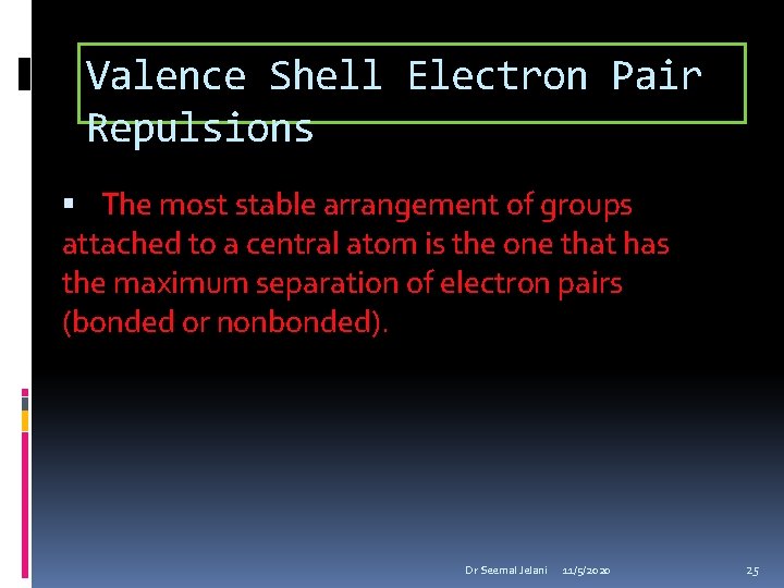 Valence Shell Electron Pair Repulsions The most stable arrangement of groups attached to a