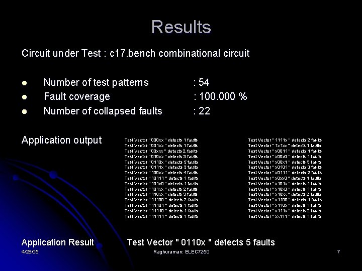 Results Circuit under Test : c 17. bench combinational circuit l l l Number