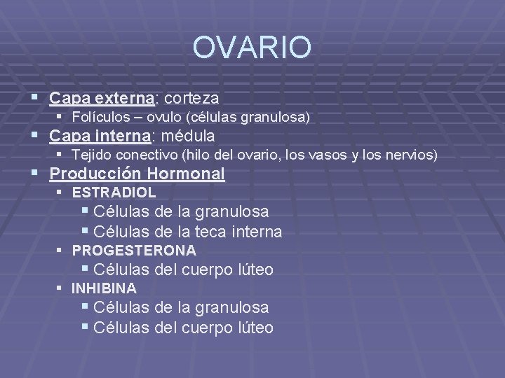 OVARIO § Capa externa: corteza § Folículos – ovulo (células granulosa) § Capa interna: