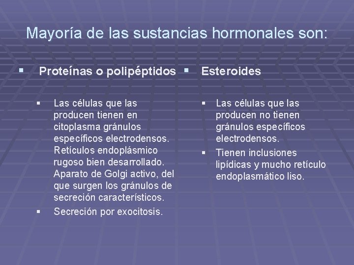 Mayoría de las sustancias hormonales son: § Proteínas o polipéptidos § Esteroides § §