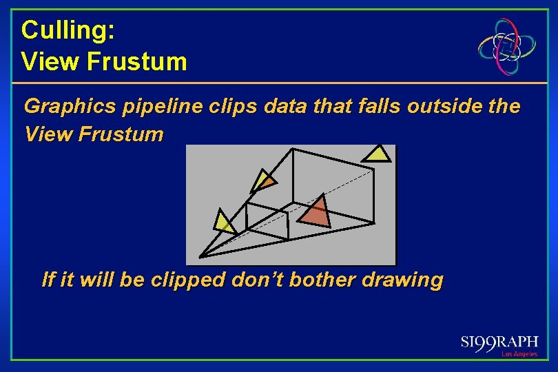 Culling: View Frustum Graphics pipeline clips data that falls outside the View Frustum If