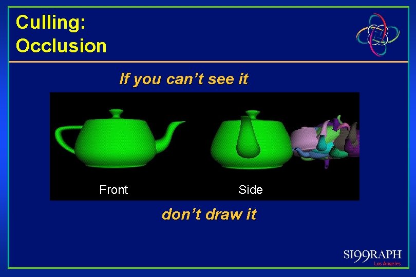 Culling: Occlusion If you can’t see it Front Side don’t draw it 