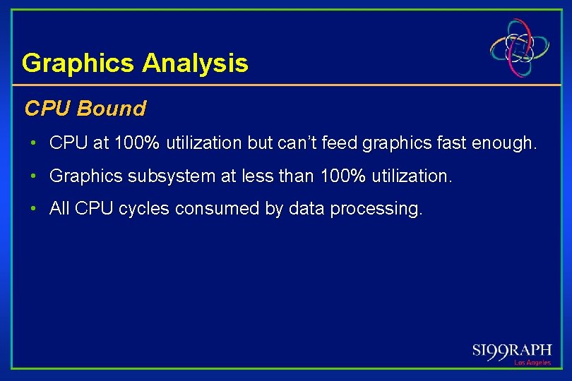 Graphics Analysis CPU Bound • CPU at 100% utilization but can’t feed graphics fast