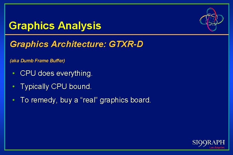 Graphics Analysis Graphics Architecture: GTXR-D (aka Dumb Frame Buffer) • CPU does everything. •