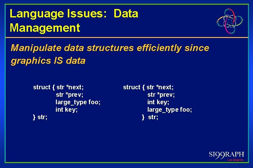 Language Issues: Data Management Manipulate data structures efficiently since graphics IS data struct {
