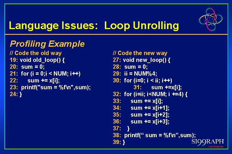 Language Issues: Loop Unrolling Profiling Example // Code the old way 19: void old_loop()