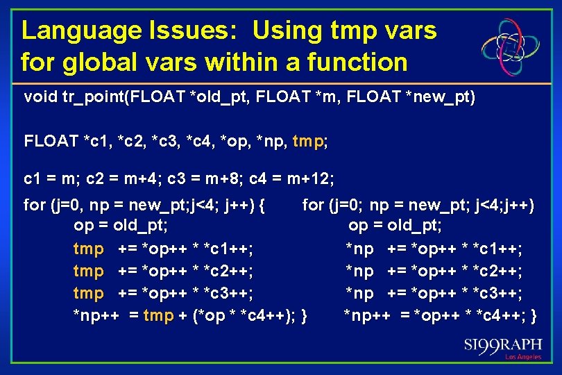 Language Issues: Using tmp vars for global vars within a function void tr_point(FLOAT *old_pt,