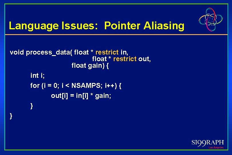 Language Issues: Pointer Aliasing void process_data( float * restrict in, float * restrict out,